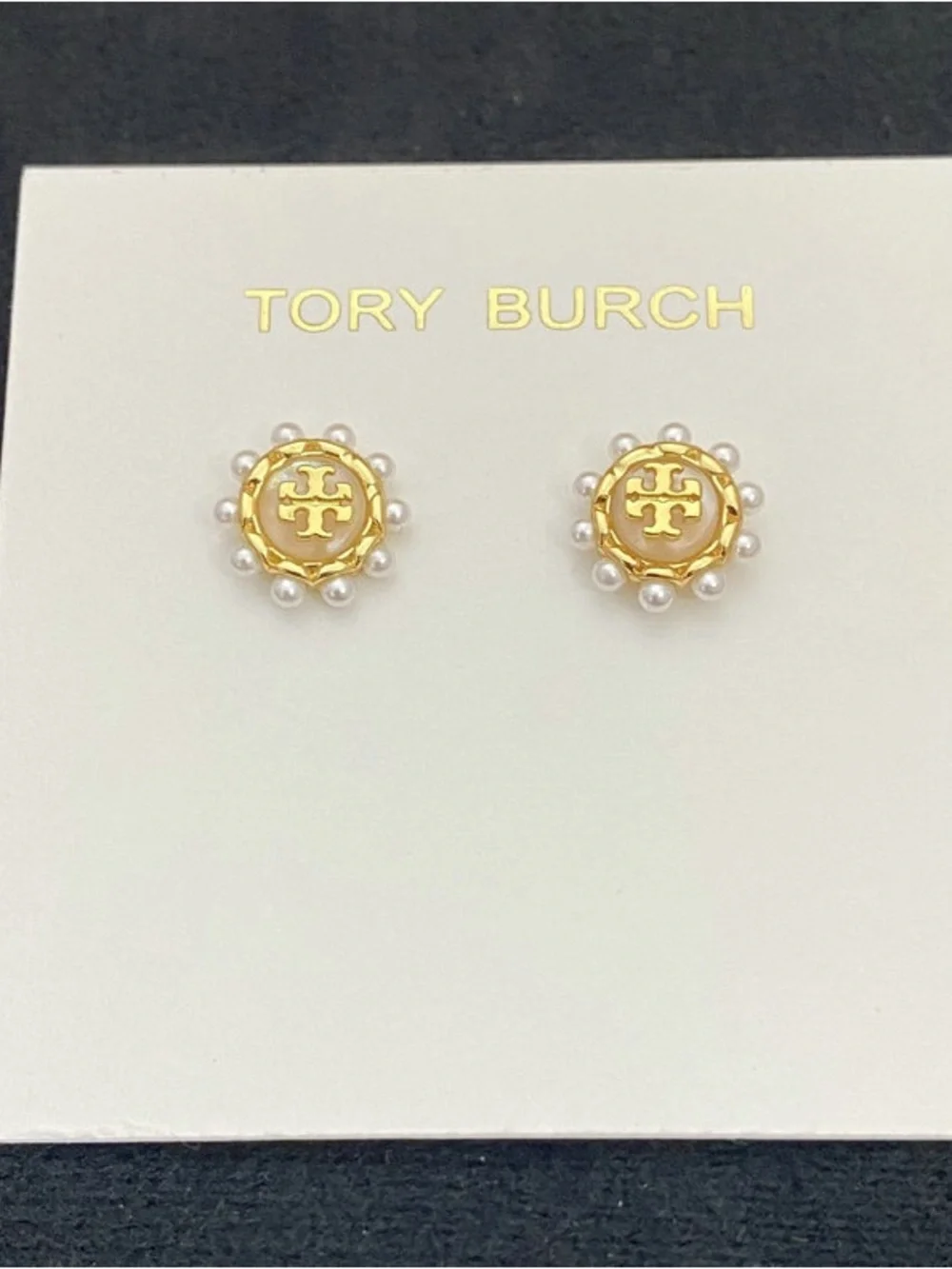 Tory Burch Gold Logo Pearl-Trim Stud Earrings